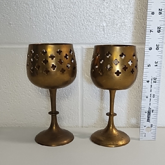 Vintage Brass Gothic-Inspired Candle Holders with Intricate Cut-Outs - Picture 2 of 10